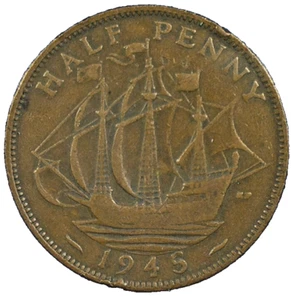 WORLD COIN SALE--1945 UNITED KINGDOM 1/2- PENNY--BRONZE COMP. COIN-KM# 844 - Picture 1 of 3