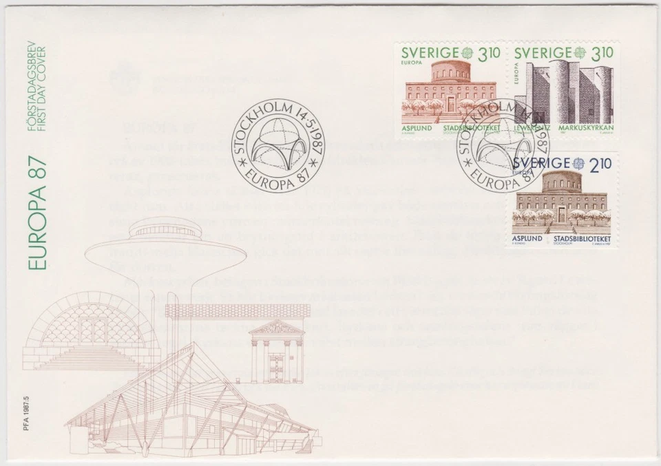 Sweden FDC 1987, Europa C.E.P.T., Modern Architecture, Mint - Image 1 of 1