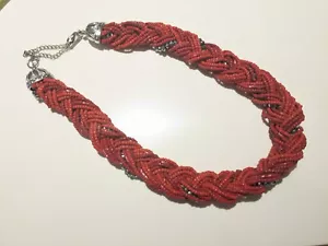 Red Glass Bead Multi strand Bearded Necklace Braided - Picture 1 of 4