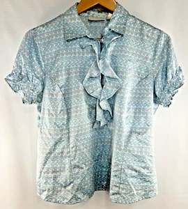 WORTHINGTON 12 Women Blue Satin Ruffle Blouse Patterned Short Sleeve - Picture 1 of 7