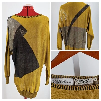 Vestido suéter Gianfranco Ferre vintage anos 80 Batwing dourado prata pergaminho gráfico malha - Imagem 1 de 4