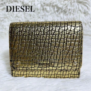 Diesel Men Gold Color Crocodile Embossed Trifold Wallet Unisex 10x11.5cm Luxury - Picture 1 of 11