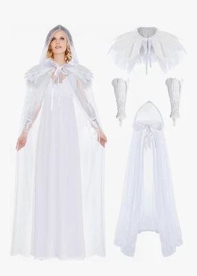 Disfraz de Bruja Blanca Capa Halloween Juegos con disfraces Capa con Capucha Pluma Chal Encaje Largo Foto 1 de 4