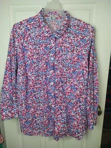 Camisa Woman Within 26/28 Cuello Botón Rosa Azul Floral Cottage LS - Imagen 1 de 9