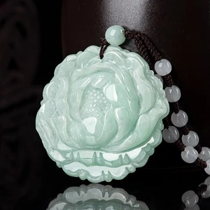 China Natural Emerald Peony Flower Jade Pendant White Agate Bead Chain Necklace - Picture 1 of 5