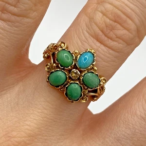 Turquoise & Quartz  9 ct Gold Ring - Vintage Daisy Flower Baroque - Size O - Picture 1 of 13