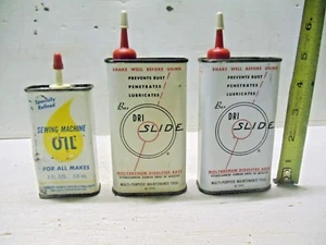 3 Old Vintage Oil Tin Cans Sewing Machine Oil Bux Dri Slide Lubricant 1960 - Picture 1 of 5