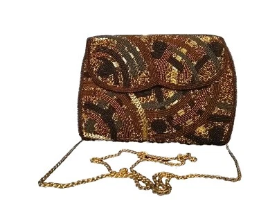 Beaded Evening Bag with Touches of Black Gold and Brown Manetic Closure Japan - Image 1 of 4