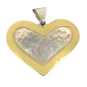 Sterling Silver Brass Heart Pendant Signed TS-95 Mexico .925 Hammered Jewelry - Picture 1 of 7