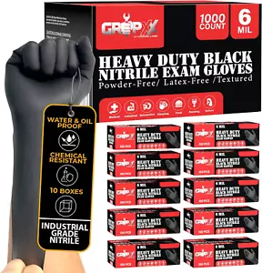 Heavy Duty 6 Mil Black Nitrile Gloves, Disposable Latex&Powder Free, Mechanic, F - Picture 1 of 12