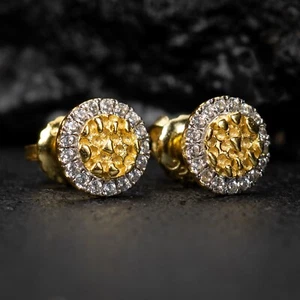 Mens Round 14K Gold 925 Sterling Silver Circle Nugget Screw Back Stud Earrings - Picture 1 of 5