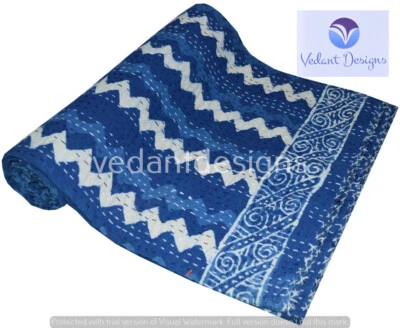 Colcha bordada indiana Kantha estampa bloco algodão azul - Imagem 1 de 4