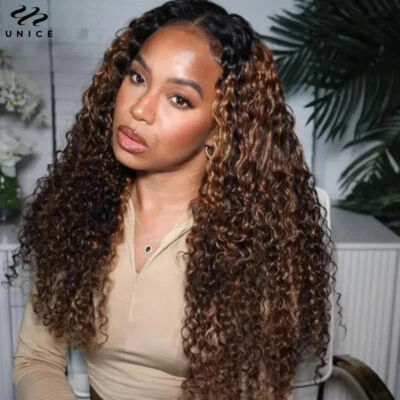 Peluca de cabello humano Ombre Highlights Balayage marrón rizado parte en U sin pegamento Wear and Go Foto 1 de 4
