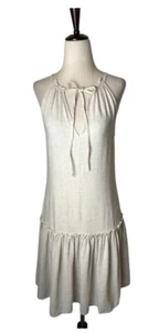 Drew Dress Women XS Beige Sleeveless Tie Neck Drop Waist Ruffle Hem Mini Preppy - Picture 1 of 8