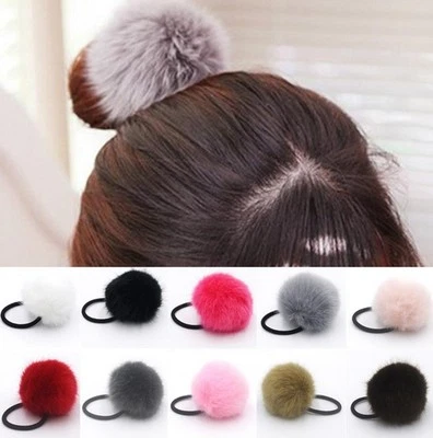 Pom Pom Fur ball bobbles bobble elastics hair head band ponytail head hair band - Image 1 of 4