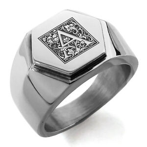 Stainless Steel Floral Box Monogram Letter A Mens Hexagon Crest Signet Ring