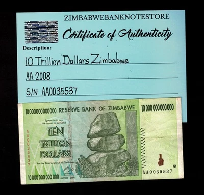 10 万亿津巴布韦元钞票 AA 2008 正品低序列 # AA0035537 — 第 1/3 张图片