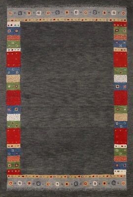 Bordered Artisan-crafted Grey Gabbeh Rug Wool Hand-tufted Carpet 5x8 ft - Image 1 of 4