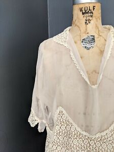 Vintage 20s 30s Edwardian Sheer Silk Lace BLOUSE Blush Pink Scalloped Shirt Top