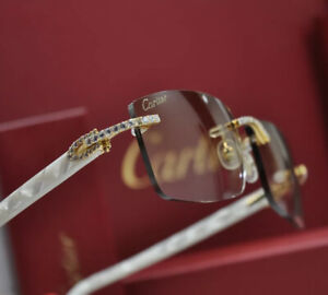 CARTIER SUNGLASSES C decor Diamonds VS CUSTOM 3.8 Ct RIMLESS Gold Pearl Glasses