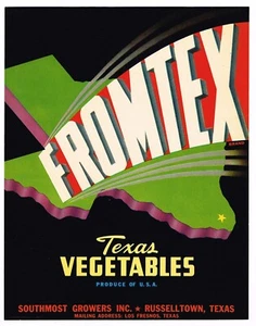 ORIGINAL KISTENETIKETT VINTAGE 7x9" LOS FRESNOS RUSSELLTOWN TEXAS KARTENDATEI 1950 - Bild 1 von 1
