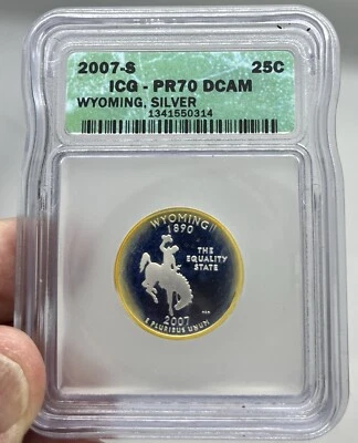 2007-S Wyoming SILVER State Quarter ICG PR70DCAM PROOF PERFECT BULLSEYE TONING! - Image 1 of 4