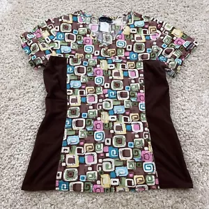 Cherokee womens size XS v neck scrub top short sleeves brown pink patterned - Picture 1 of 6