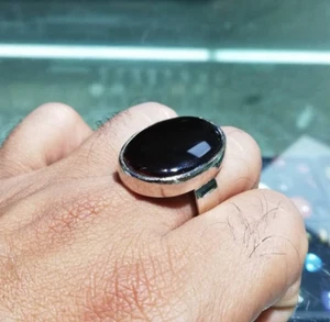 Haqeeq, Yamini Hakik, schwarzer Achat Ring, ovaler Achat Ring, großer Aqeeq Ring, Silber - Bild 1 von 3