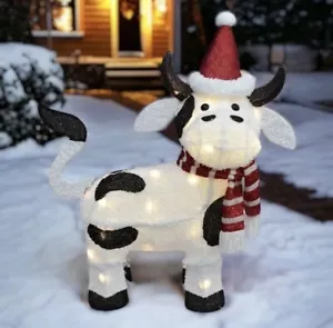 Christmas Cow 32" LED Pre-Lit Yard Art Light Up Holiday White Black Santa Hat - Picture 1 of 9