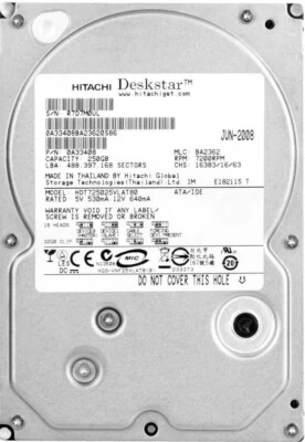 FESTPLATTE HITACHI DESKSTAR T7K500 HDT725025VLAT80 250GB 7200U/min 8MB ATA 3.5'' - Bild 1 von 3