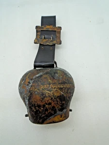 Vintage 6" Genuine Swiss Cowbell On Leather Buckled Strap - Picture 1 of 5