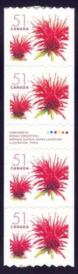 Canada sc#2128ii Red Bergamot Blossom, Strip of 4 with Gutter, Mint-NH - Image 1 of 2