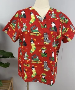 NWT Buttersoft Christmas Scrub Top 3X Red Merry Catmas Cats Cotton Scrubs Kitty - Picture 1 of 9