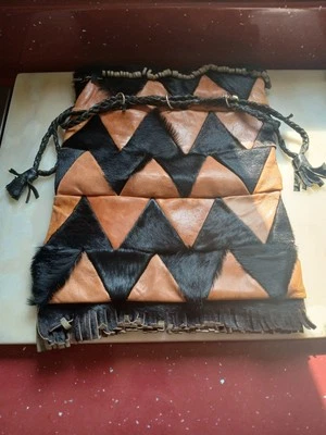 Vintage 60s Tan Leather & Black  Ponyskin Patchwork Bag,  Needs a small repair. - Image 1 of 4