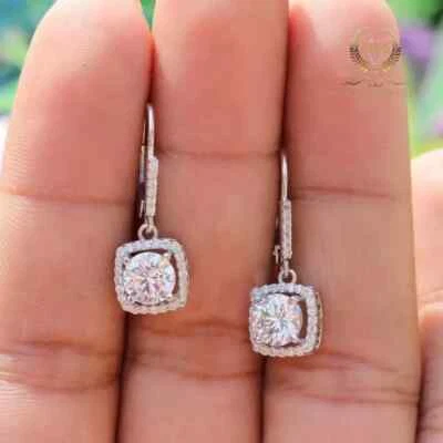Moissanite Drop/Dangle Lever Back Earrings Round Cut 2.50 CT 14K White Gold VVS1 - Image 1 of 4