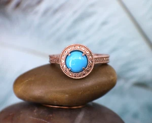 Solid Sterling Silver, Rose Pink Gold Finish Turquoise Cocktail Ring sz 8 Halo - Picture 1 of 10