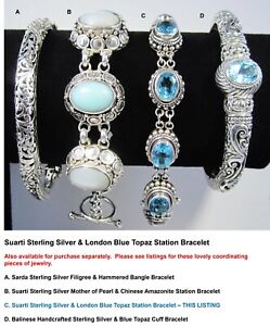 Suarti BA Indonesia Sterling Silver London Blue Topaz Oval Link Toggle Bracelet