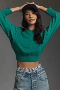 270464 Anthropologie Pilcro Fabric Mix Hoodie Top Oversized Cotton Solid XS New - Picture 1 of 13