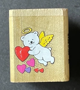 Mini Teddybär Amor Engel Heiligenschein Herzen Valentinstag Liebe Symbol Holz Stempel - Bild 1 von 4