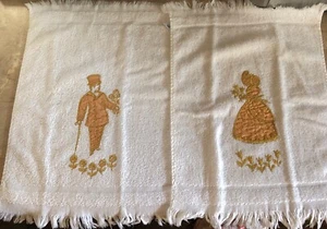 CANNON White Cotton Terry Cloth Hand Towels Victorian Couple 15”x11” USA Labels - Picture 1 of 8