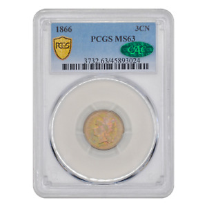 1866 3 Cent Nickel PCGS MS63 CAC - Beautiful Toning and Dual Sided Die Clash
