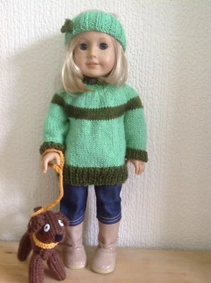 Dolls clothes knitting pattern.18" doll. Dress, Jumper and pet dog. KNM84