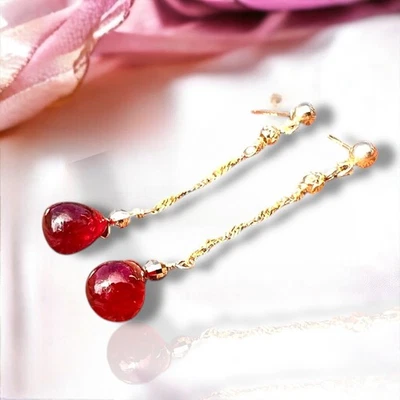 Wire Wrapped Briolette Natural Ruby Earrings in Solid 14K Gold , July Birthstone - Image 1 of 4