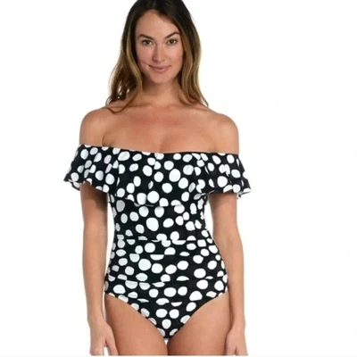 NEW La Blanca Size 6 Mod For Dot Polka Dot Ruffle One Piece Swimsuit Black White - Image 1 of 4
