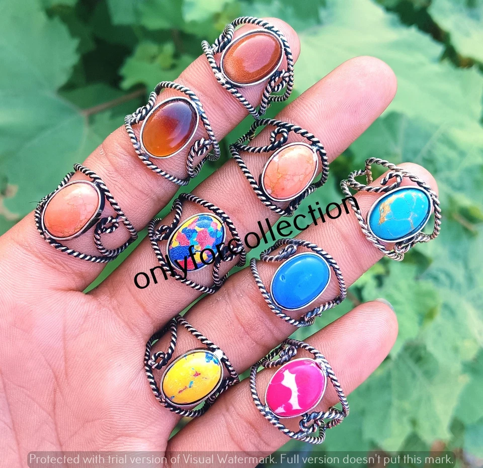 Lote al por mayor de anillos ajustables enchapados en plata de ley 925 con piedras preciosas turquesa y mezcla Foto 1 de 2