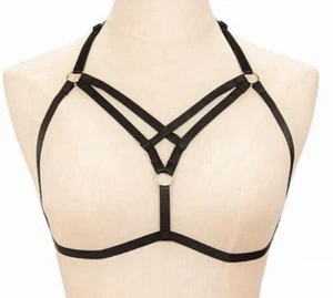 Black Harness Bra Size Small UK 8 Open Cups Strappy Peephole Cupless Peekaboo - Picture 1 of 1