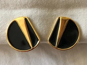 Vntg Monet Clip On Earrings - Black & Gold tone, 1 in. round, Mid Century Design - Picture 1 of 9