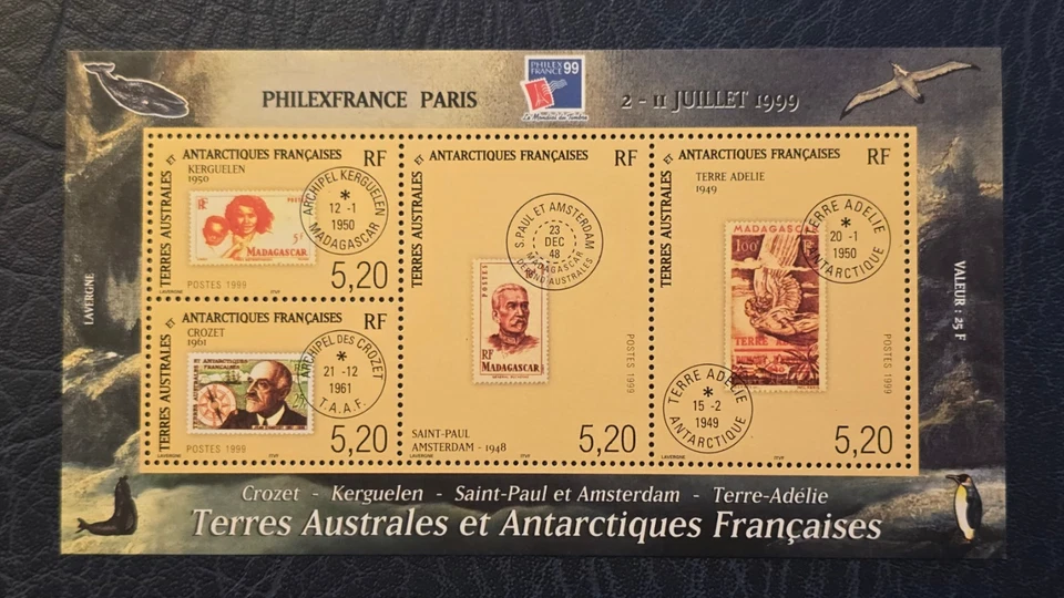 TAAF FRENCH ANTARCTICA 1999 XF MNH BLOCK PHILEXFRANCE PARIS STAMP-ON-STAMP - Image 1 of 1