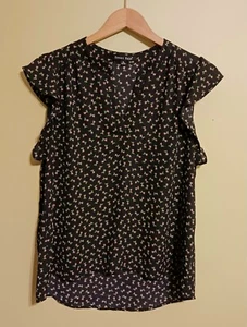 Sweet Rain Womens Size XL Pullover Black Pink Floral Ruffle Sleeve V-Neck Blouse - Picture 1 of 11