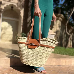 Cesta de paja francesa hecha a mano con correas de cuero, bolso de mercado, bolso de paja de playa - Imagen 1 de 8